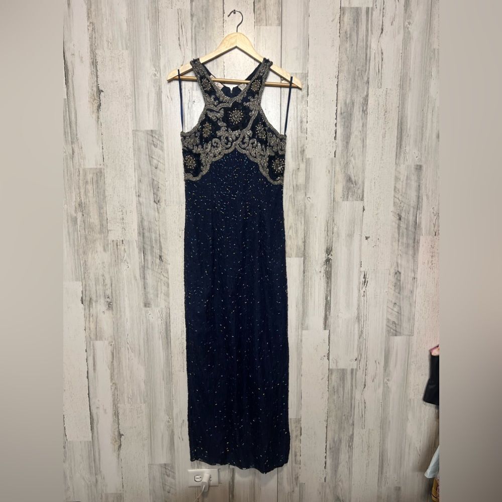 Navy Blue Beaded Embellished Maxi Dress Formal Evening Gown Size M